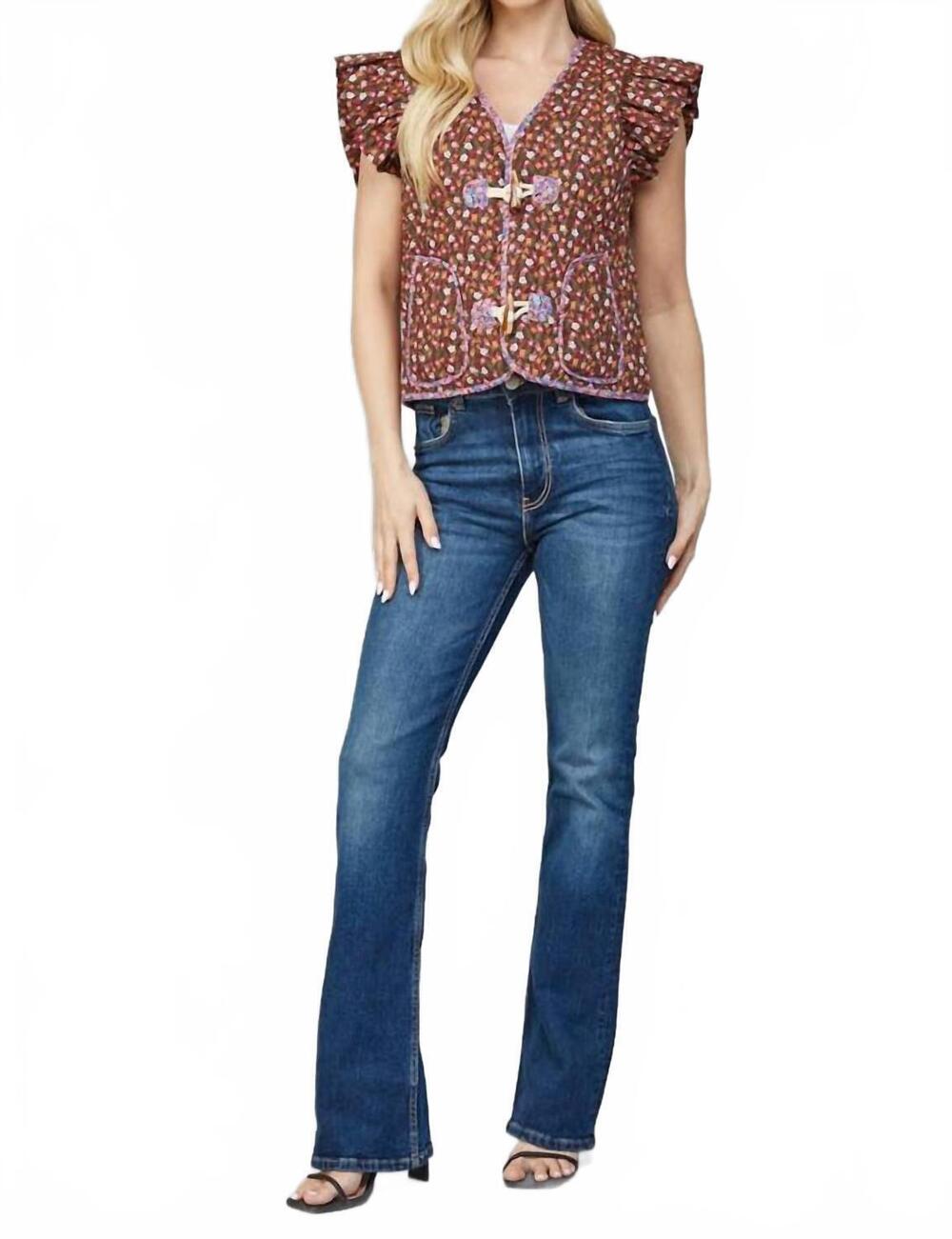 NEW FATE morgan floral print toggle vest in multi-color